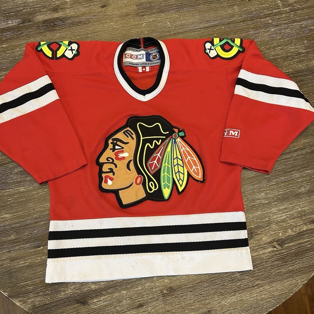 CCM Chicago Blackhawks NHL Hockey Jersey Red Blank Logo Youth Size Small